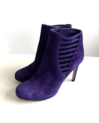 VIA SPIGA Ultra Purple Suede Bootie Heels Cut Out Strappy Sides Size 7.5 EU 38.5 • $39.95