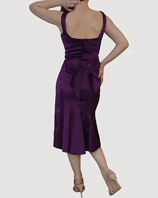 Karen Millen UK 6 Purple Satin Bow Back Sleeveless Lined Wiggle Pin-up Dress VGC • £34.99