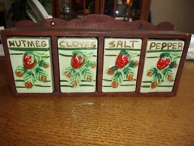 Vintage 4 Strawberry Themed Spice Jars And Wooden Rack • $16