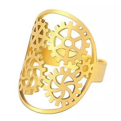 Mechanical Gear Ring Gold PVD Plated Stainless Steel Adjustable Steampunk Band • $14.99