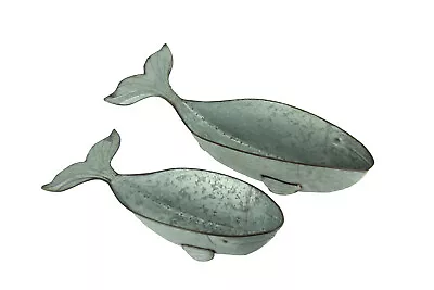 Galvanized Metal Coastal Decor Whale Planters Set Of 2 • £77.20