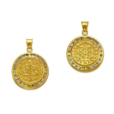Saint St Benedict Medal Pendant 14K Solid Yellow Gold Religious Charm Two Sided • $308