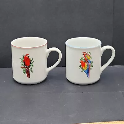 Vintage Leart Tropical Birds Coffee Mug Tea Cup Parrots Brazilian China Set Of 2 • $24