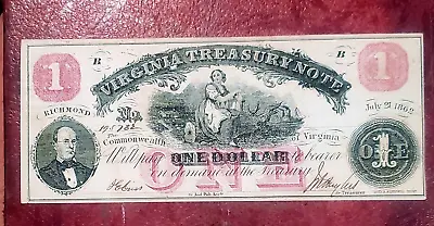 1862 $1 Virginia Treasury Note ~ July 21 Issue ~ Gov Letcher ~ Gem Crisp Unc • $109.99