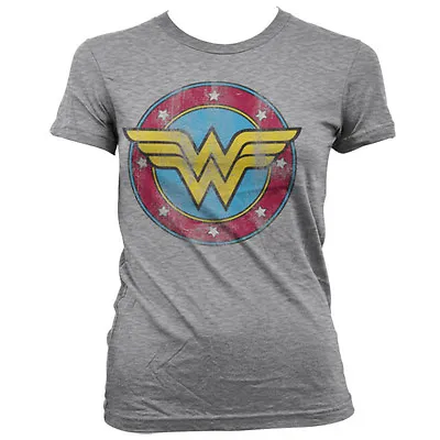 Official DC Comics Ladies Wonder Woman Distressed Logo Grey T-Shirt - Fitted Tee • £12.95