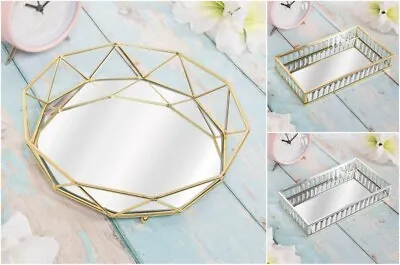 £14.99 • Buy Silver Gold Glass Mirror Tray Plate Holder Jewelry Perfume Aftershave Tea Light