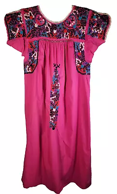 VTG Mexican Embroidered Oaxacan Dress SMALL Pink Floral Colorful • $78