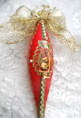 Vintage Christmas Ornament - HANDMADE  RED TEARDROP W/SANTA SCRAP & TRIM • $4.99