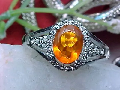 🔥 NATURAL MEXICAN FIRE OPAL RING AAA++ 8x6mm & WHITE SAPP 925 SS/14K WHITE GOLD • $32.99