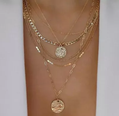 Women's Fashion Bohemian Jewelry Gold Multilayered Coin Necklace 294-10 • $11.20