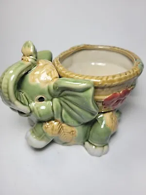 Lucky Bamboo Vintage Ceramic Elephant CachePot Planter Trunk Up Good Luck Basket • $12.90