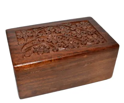 Carved Teakwood Daisy Flowers Bottom Slide Out Wooden Box 1970's Vintage 5' • $15