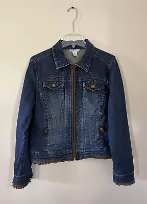 Cabi Womens Large Denim And Tweed Blue Denim Jacket Full Zip Pockets Long Sleeve • $25.19