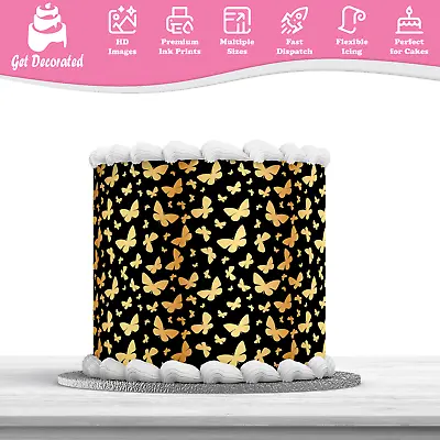 Golden Butterflies Edible Cake Wrap Topping ICING Sheet Ribbon Print Not Precut • £4.99