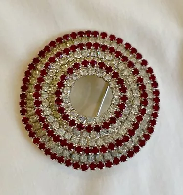 Vtg Kramer Ruby Red Glass Rhinestone Rhodium-Plated Brooch Pin Clear White Round • $65