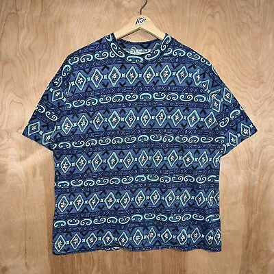 VINTAGE 90s FRANK USA MADE INDIGO AZTEC ALL OVER PATTERN COTTON TEE SHIRT LARGE • $0.01