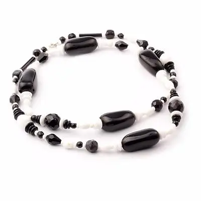 Vintage Czech Necklace Black White Oval Rondelle Round Nugget Bugle Glass Beads • $28