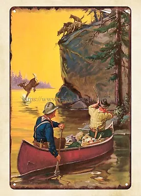 Decorative Home 1930s Hunters In Canoe By Hy Hintermeister Metal Tin Sign • $15.92