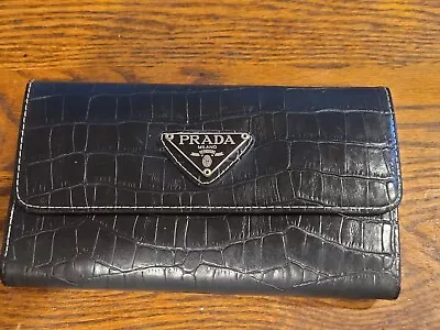 Vintage Authentic Prada Black Croc Embossed Leather Wallet • $50