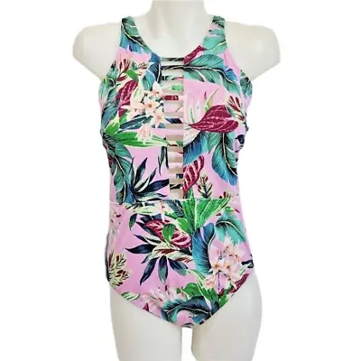 Miraclesuit Leah High Neck Swimsuit One Piece Pink Floral Racer Back Large EUC • $39.99