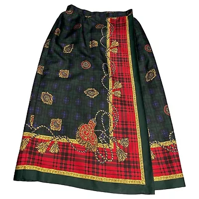 Talbots Womens Size 8P Petite Wrap Silk Midi Skirt Holiday Green Red Tartan • $29.99