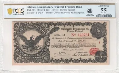 Mexico Rev / Federal Treasury Bond P#S714 M1252 1914 5 Pesos PCGS About UNC 55 • $50