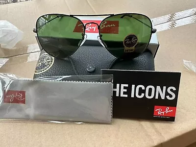 Ray Ban RB Aviator Sunglasses Black Frame With Green Lenses 58mm • $23