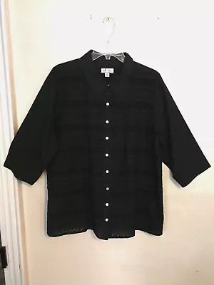 Denim & Co Womens Blouse 1X Plus Button Up Shirt Black 3/4 Sleeve Striped Dress • $22