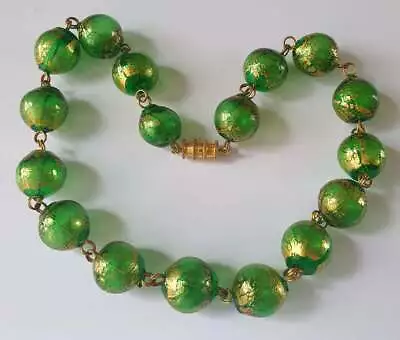 Vintage Venetian Green And Gold Bead Necklace • £44