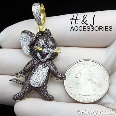 Men 925 Sterling Silver Icy Cz Gold Plated 3d Jerry Mouse Cartoon Pendant*agp444 • $79.99