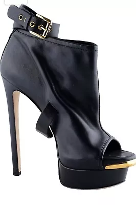 790$ Dsquared2 Ankle Boots Platform Open Toe Heels Black Leather Logo Sz 38 • $250