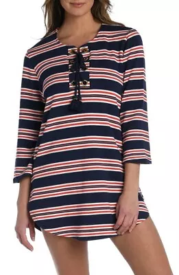 La Blanca INDIGO Sailor Stripe Lace-up Cover-up Knit Tunic US Medium • $24.66