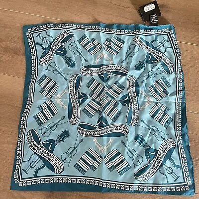 PINEDA COVALIN Mexico Scarf Women Square 20.5 X 20.5  Blue Mariachi Trumpet NWT • $99.99