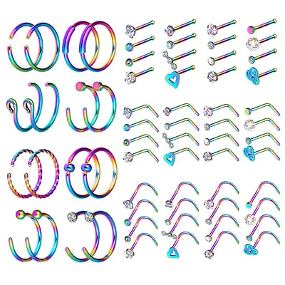 64Pcs Colorful Nose Ring Hoop Opal CZ Screw L Shape Bone Studs Ear Pin Set 20G • $10.99