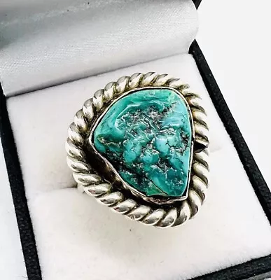 Large Navajo Old Pawn Sterling Silver Morenci? Turquoise Pyrite Ring 12gm Sz11 • $124.50