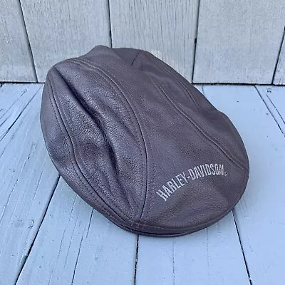 Vintage Brown Leather Harley Davidson Flat Cap W/ Embroidered Spell-out And Logo • $50.99