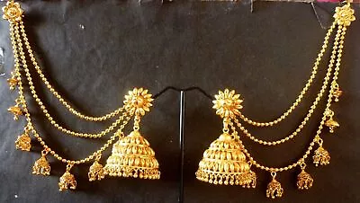 22K  Gold Plated Bahubali Jhumka Extended Chain Indian Gorgeous Earrings Set A • £32.82