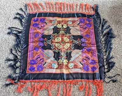 Vintage 40'sTaj Majal Black Orange Silk Satin Brocade Piano Shawl Scarf W Fringe • $38