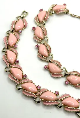 Vtg Pink Thermoset Lucite Rhinestones & Enamel Necklace & Bracelet Set JCS • $24.99