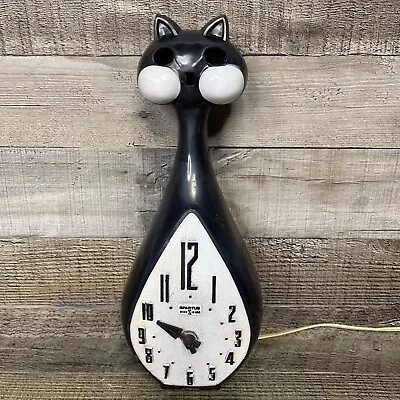 Vintage Spartus Cat Wall Clock Black Kitty MCM 1950  • $95.87