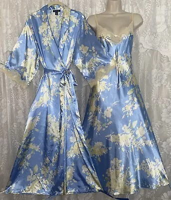 Vtg M+ Sky Blue Floral SATIN WRAP Peignoir Robe Nightgown Gown Set W Yellow Lace • $99.99