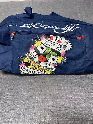 ED HARDY Denim Overnight Denim Duffle Bag Blue Tote “LOVE IS A GAMBLE  Lined • $21