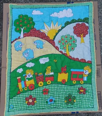 Vintage That's Our Baby Crib Blanket Bedding 32  X 41  Green Train Lambs Flowers • $18