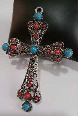 Pewter Cross With Red & Blue Imitation Turquoise Decoration - 3 X4 X7mm   2304 • $13.49