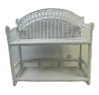 VTG 70s Boho Cottage White Wicker Rattan Hanging Wall Shelf Display Cabinet • $53.39