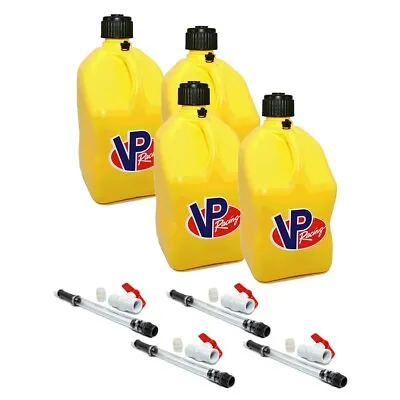 VP Racing 4 Pack Yellow 5 Gallon Square Fuel Jug Gas 4 Hoses With Valve Shutoff • $139.99