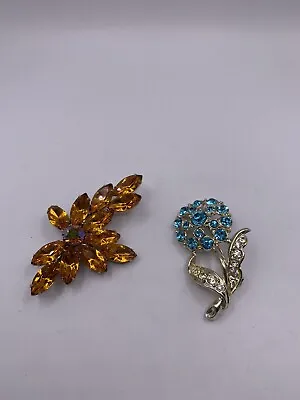 Vintage Estate Flower Brooch Pin Rhinestones Amber Turquoise Set Of 2 Flower 526 • $8