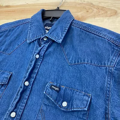 VINTAGE Wrangler Shirt Mens Medium 16 Blue Denim Pearl Snap Button Western • $20.79