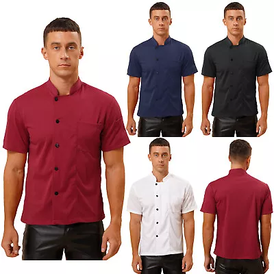 Mens Chef Uniform Top Solid Color Stand Collar Button T-shirts Kitchen Cook Wear • $14.16
