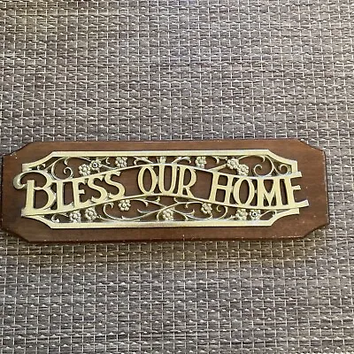 Vtg BLESS OUR HOME Wood Sign Country Wall Decor  Brass Metal Floral Gold 17x5.25 • $12